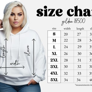 Gildan 18500 Size Chart Mockup Bundle | 4 Hoodie Size Charts | Gildan Size Guide | Plus Sizes S-5XL | Blonde Model | Instant Download
