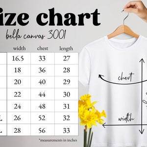 Bella Canvas 3001 Tabla de tallas / Cuatro maquetas de tablas de tallas de camisetas XS-5XL / Guía de tallas de Bella Canvas / Maqueta colgante / Descarga digital