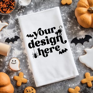 Maquete de toalha de chá de cozinha de Halloween | Toalha de cozinha branca Holiday Printify POD | Maquete de toalha de assadeira plana | Download Digital Instantâneo