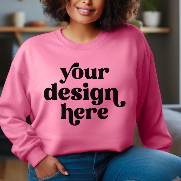 Gildan 18000 Azalea Sweatshirt Mockup | Pink Unisex Crewneck Mockup | Minimalist Simple Boho Lifestyle Model | Instant Digital Download