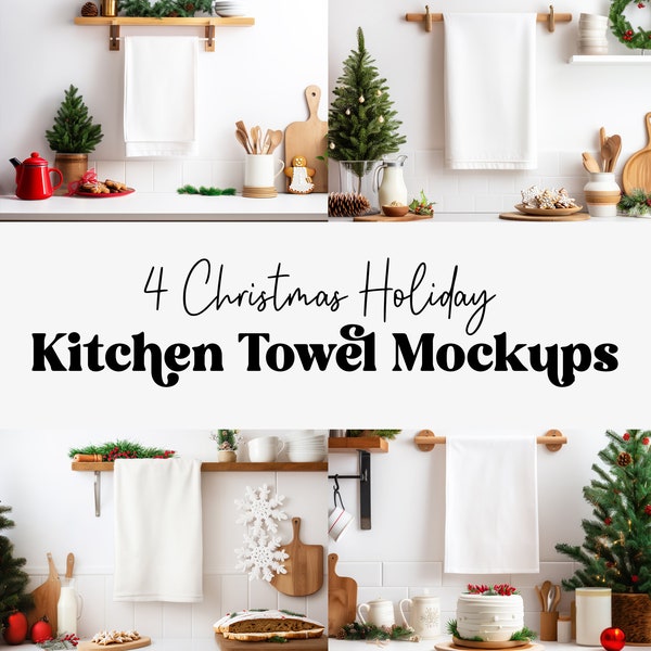 Christmas Tea Towel Mockup Bundle | Holiday Kitchen Towel Mockup | Hanging Christmas Dish Towel Digital Download | Christmas Mock Ups Design