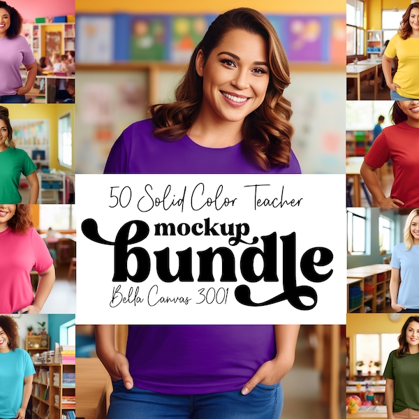 Solid Color Bella Canvas 3001 T-Shirt Teacher Mockup Bundle | School and Classroom Theme | 50 Diverse Models | Digital Download