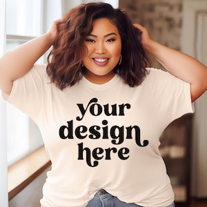 Plus Size Comfort Colors 1717 Ivory T-Shirt Mockup |  Lifestyle Aesthetic Mockup | Plus Size Diverse Model Oversized Fit | Digital Download