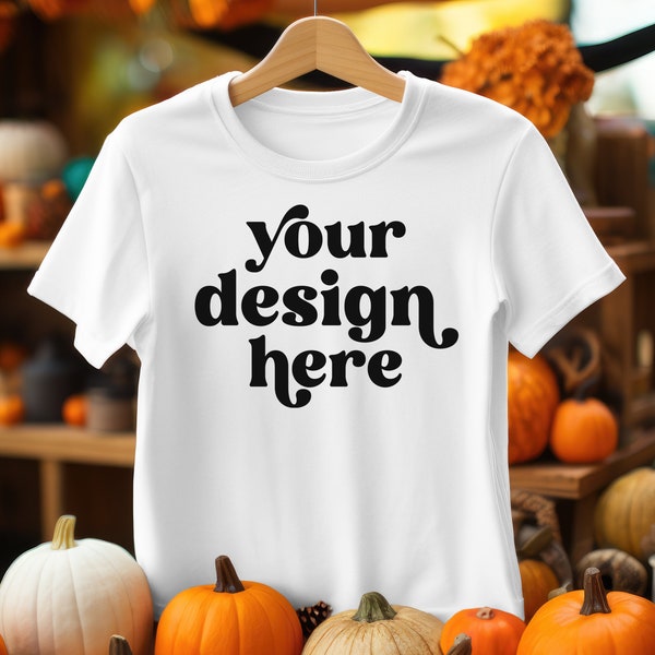 Autumn Bella Canvas 3001 T-Shirt Hanging Mockup | Fall Leaves Picnic Flat Lay | Digital Download