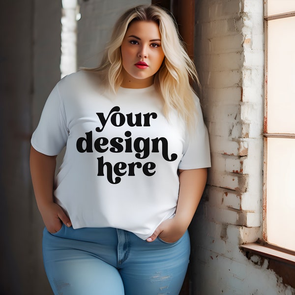 Maquette de t-shirt Bella en toile 3001 grande taille | Photographie IA positive pour le corps | Modèle blonde bien roulée | Esthétique Boho Studio | Téléchargement numérique