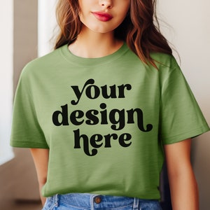 Heather Green Bella Canvas 3001 T-shirt Mockup | Brunette Model | Minimalist Lifestyle Color Mockup | AI Photography | Instant Download