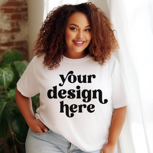 Plus Size Comfort Colors 1717 White T-Shirt Mockup |  Lifestyle Aesthetic Mockup | Plus Size Oversized Diverse Model | Digital Download