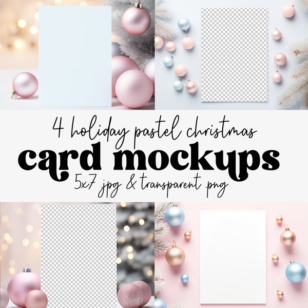 4 Christmas 5x7 Card Mockups | Pastel Holiday Greeting Card Vertical Mockups | Transparent PNG Canva Design Edit | Instant Digital Download