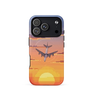 May include: A phone case with a pixelated sunset design featuring an airplane in flight. The case has a blue border and a colorful, retro-style graphic. The airplane is white with a logo on the tail.