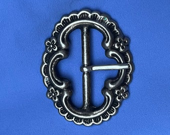 Metalen riemgesp van 5 cm, antiekzilverkleur, middenstang, enkele tand, vintage-geïnspireerd bloemmotief