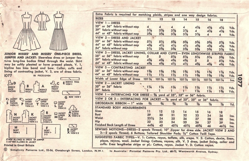 Simplicity 1077 Vintage Sewing Pattern Onepiece Dress, Jumper and