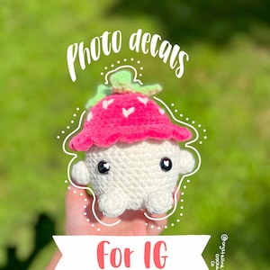 May include: A crocheted white mushroom with a pink cap featuring white hearts and a green stem. The text "Photo decals" and "For IG" are displayed on the image. The background is a blurred green.