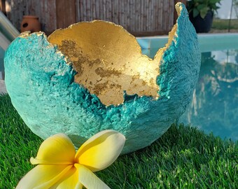 Huwelijkscadeauset Ocean Wave Bowl-set – Aqua en goud, rustieke kandelaar, boho-decor, handgemaakt, milieubewuste kom