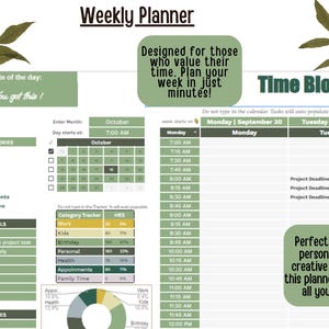 The weekly Planner_Green:Google Sheets,Daily Routine,Digital Planner,To Do List Template,Task & time Tracker, Adhd productivity ,automated,