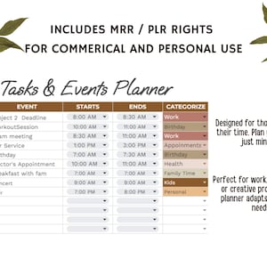The weekly Planner_Neutral:Google Sheets,Digital Planner,To Do List Template,Task Tracker, PLR rights,time tracking, ADHD productivity.