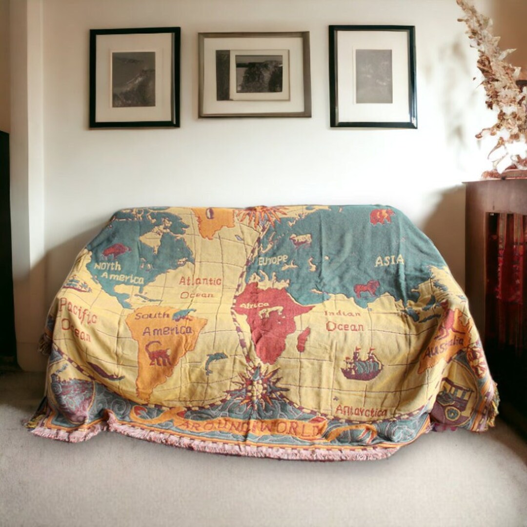 Boho World Map Throw Blanket Retro World Map Blanket Warm Etsy