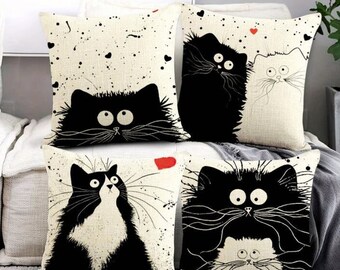 Set of 4 Black Cat Cushion Cover - Cat Cushion - Throw Pillow - Animal Cushion Cover - Living Room Cushion - Sofa Cushion Cover - Cushion Cover