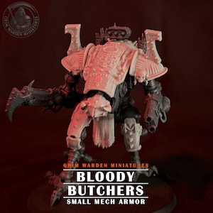 May include: A small, detailed mech armor model in gray and black, with the text "BLOODY BUTCHERS" and "SMALL MECH ARMOR". The model features intricate designs, including skulls and mechanical components, and is set against a dark background.