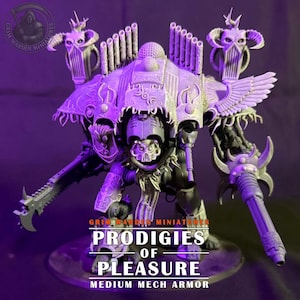 May include: A detailed, medium mech armour model in shades of grey and purple, with intricate mechanical details. The model features the text "PRODIGIES OF PLEASURE" and "MEDIUM MECH ARMOR". The Grim Warden Miniatures logo is visible.
