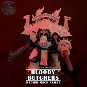 Puede incluir: Un detallado modelo de armadura mech mediana, blanco y negro, con el texto "BLOODY BUTCHERS" y "MEDIUM MECH ARMOR". El modelo presenta un arma con forma de calavera y detalles intrincados y puntiagudos, con el logo de Grim Warden Miniatures.