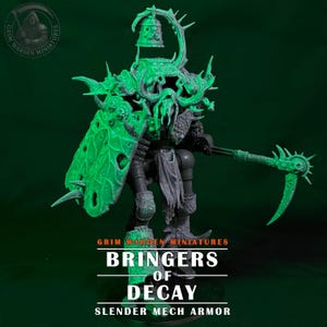 May include: A detailed, green and grey miniature of a slender mech armour figure. The figure has a large shield, a scythe, and a bell-shaped ornament. The text "BRINGERS OF DECAY" and "SLENDER MECH ARMOR" is visible.