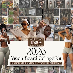 Op de afbeelding: Een 2026 vision board collage kit met meer dan 1500 afbeeldingen en ontwerpen. De kit bevat afbeeldingen, affirmaties, stickers en printbaar materiaal. De centrale tekst luidt: More Than 1500+ Images & Designs! 2026 Vision Board Collage Kit.