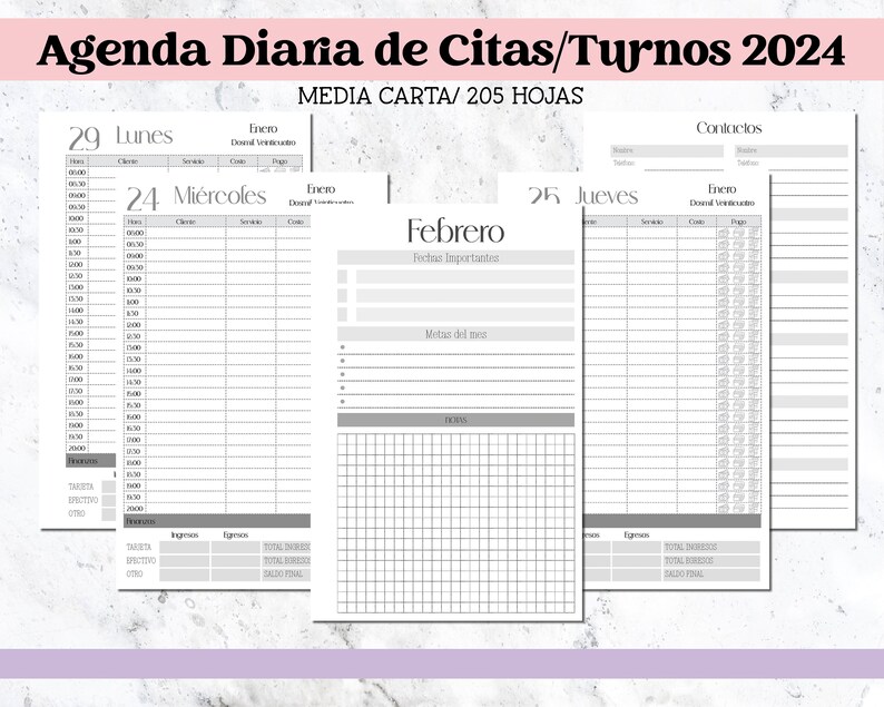 Appointment and Shift Planner 2024 in Spanish in Printable Half Letter