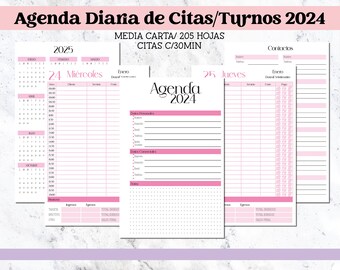 Planificador de Citas y Turnos 2024 en Español en Formato Media Carta Imprimible - Agenda de Citas, Horarios y Servicios. Turnos cada 30min