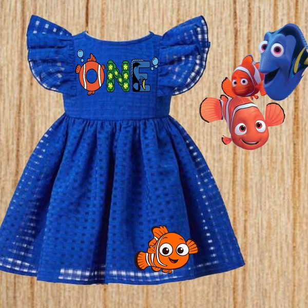 Baby Girls FINDING NEMO Dress |  Royal Blue NEMO Dory 1st Birthday One Birthday Dress | Blue Flutter Sleeve Dress with Lining | Adorable!