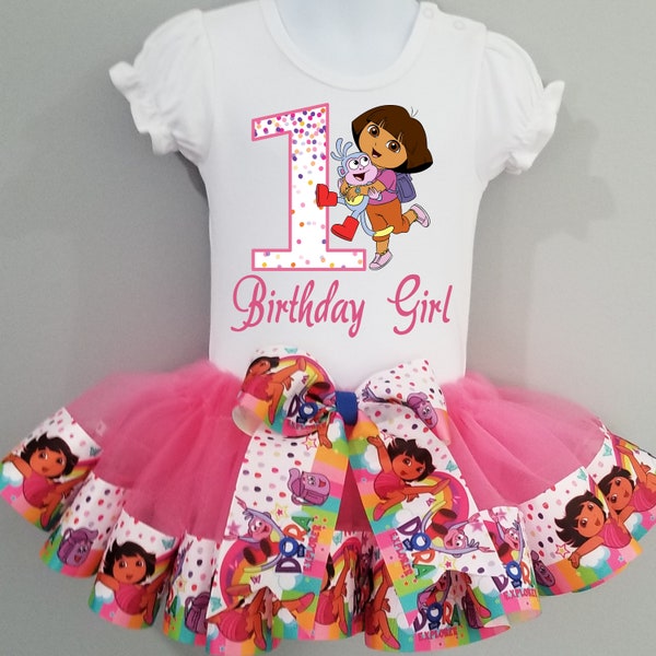 Baby Girls 3 Piece DORA Tutu Birthday Outfit | Explorer Birthday Ribbon Tutu Tshirt & Hair Bow | Dora Birthday Dress | Free Shipping!!