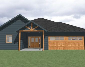 May include: A modern, single-story house with a dark blue exterior and a wooden front porch. The house has a garage door with a woodgrain finish and a large window.