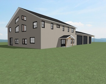 May include: A two-story house with a light brown exterior, black roof, and black-framed windows. The house has a porch with wooden supports and a three-car garage. The house is set on a green lawn under a blue sky.