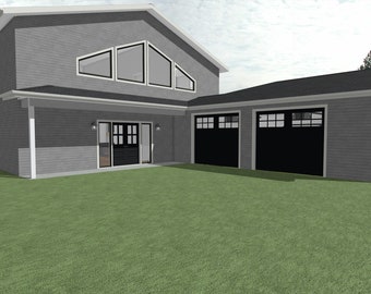 May include: A two-story gray house with a large garage attached. The house has a large window on the second floor and a double door entrance. The garage has two black garage doors.