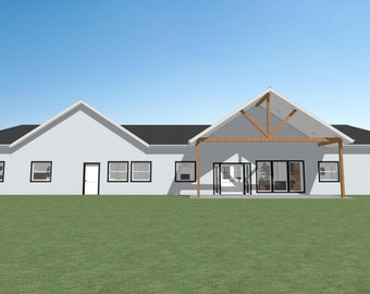 Op de afbeelding: Een wit huis met een zwart dak en een groot overdekt terras. Het terras heeft een houten balkenconstructie en grote ramen. Het huis heeft meerdere ramen en een witte deur.