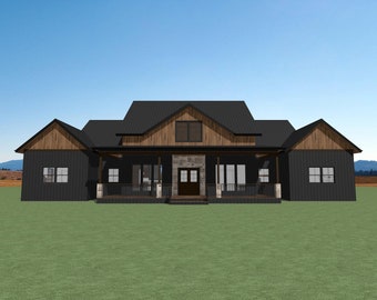Op de afbeelding: Een moderne boerderij in zwart en bruin met een accentmuur van steen en een overdekt terras. Het huis heeft een zwart dak en grote ramen.