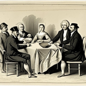 Puede incluir: Un grabado en blanco y negro que representa a un grupo de seis personas sentadas alrededor de una mesa. Las personas visten ropa del siglo XVIII. Hay dos cuencos sobre la mesa, uno delante de cada uno de los dos hombres sentados a la mesa.