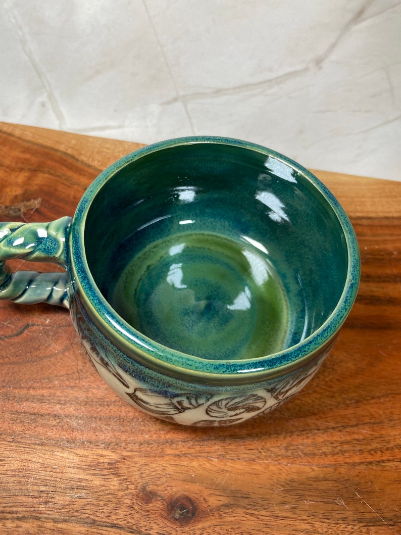 Handmade Ceramic Coffee Tea Mug: Green Aquamarine Blue Teal Flow Sea Shell Beach Coastal Ocean Sea Nautical image 4