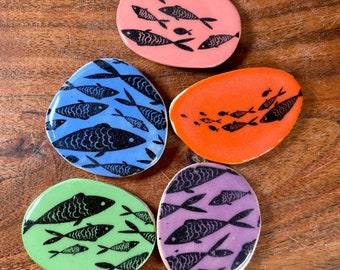 Set of 5 Handmade Ceramic Magnets - Blue Green Red Pink Purple School of Fish Ocean Aquarium Aquatic Sealife