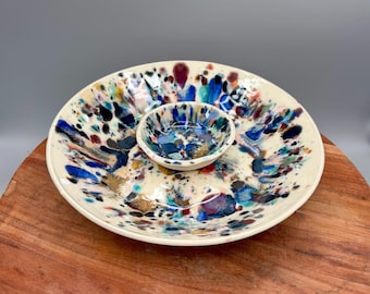 Handmade Ceramic Serving Dish Chip and Dip Set: Rainbow Confetti Flow Glaze