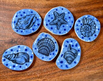 Set of 6 Handmade Ceramic Magnets - Light Blue Sea Shells with Navy Dark Blue White Polkadots Ocean Water Beach House Coastal Decor