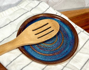 Handmade Ceramic Spoon Rest: Blue Sapphire Indigo Purple Red Wood Grain Swirl Spiral Utensil Rest Kitchen Counter Top Decor