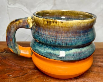 Handmade Ceramix Bubble Mug: Bright Bold Orange with Rainbow Colorful Flow