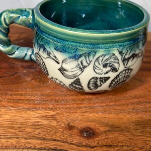 Handmade Ceramic Coffee Tea Mug: Green Aquamarine Blue Teal Flow Sea Shell Beach Coastal Ocean Sea Nautical image 6