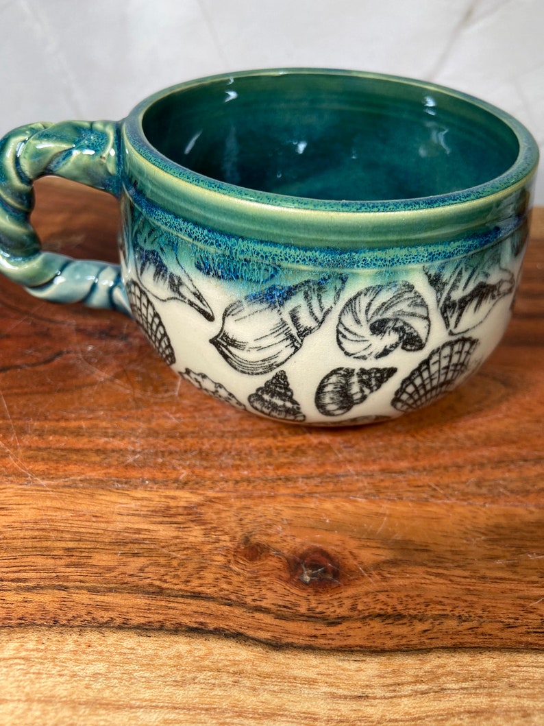 Handmade Ceramic Coffee Tea Mug: Green Aquamarine Blue Teal Flow Sea Shell Beach Coastal Ocean Sea Nautical image 6