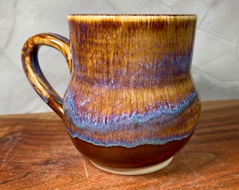 Handmade Ceramic Coffee Tea Mug - Brown Gold Wood Grain Blue Purple Indigo Flow Unique Funky Rustic