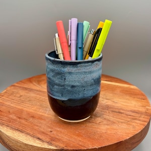 Handmade Ceramic Flower Pot Cup: Navy Blue Light Aqua White Beach Ocean Wave Vase Pen Cup Holder Funky Unique Boho Brush Holder Toothbrush