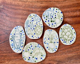 Set of 6 Handmade Ceramic Magnets - Fruits and Veggies Vegetables Kitchen Decor Fridge Magnets Blue Green Polkadots Artichoke Corn Garlic