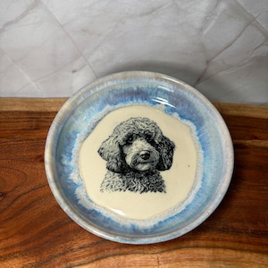 Handmade Ceramic Dog Cat Dish: Doodle Poodle Bishon Labradoodle Breed Bowl Jewelry Trinket Dish Decor Dog Lover Water Food Bowl Pet Sky Blue