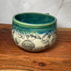 Handmade Ceramic Coffee Tea Mug: Green Aquamarine Blue Teal Flow Sea Shell Beach Coastal Ocean Sea Nautical image 3