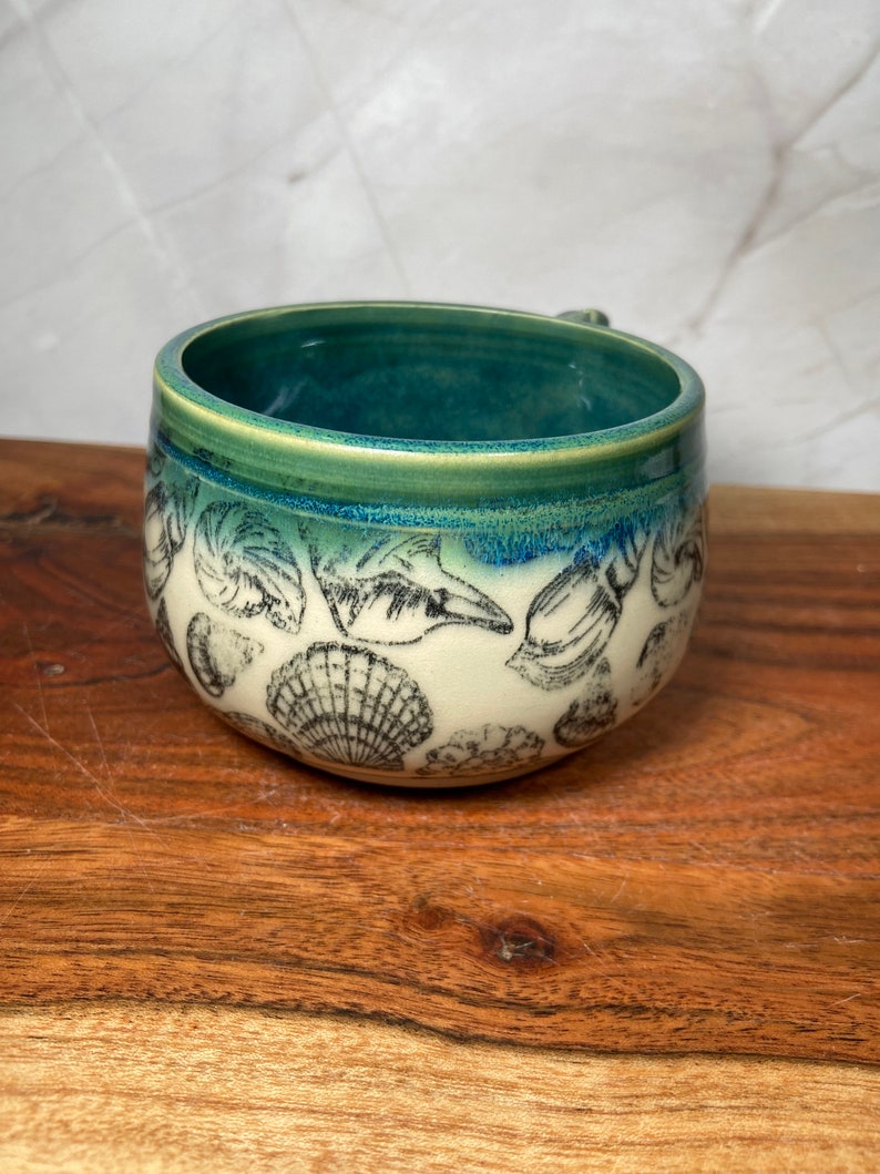 Handmade Ceramic Coffee Tea Mug: Green Aquamarine Blue Teal Flow Sea Shell Beach Coastal Ocean Sea Nautical image 3